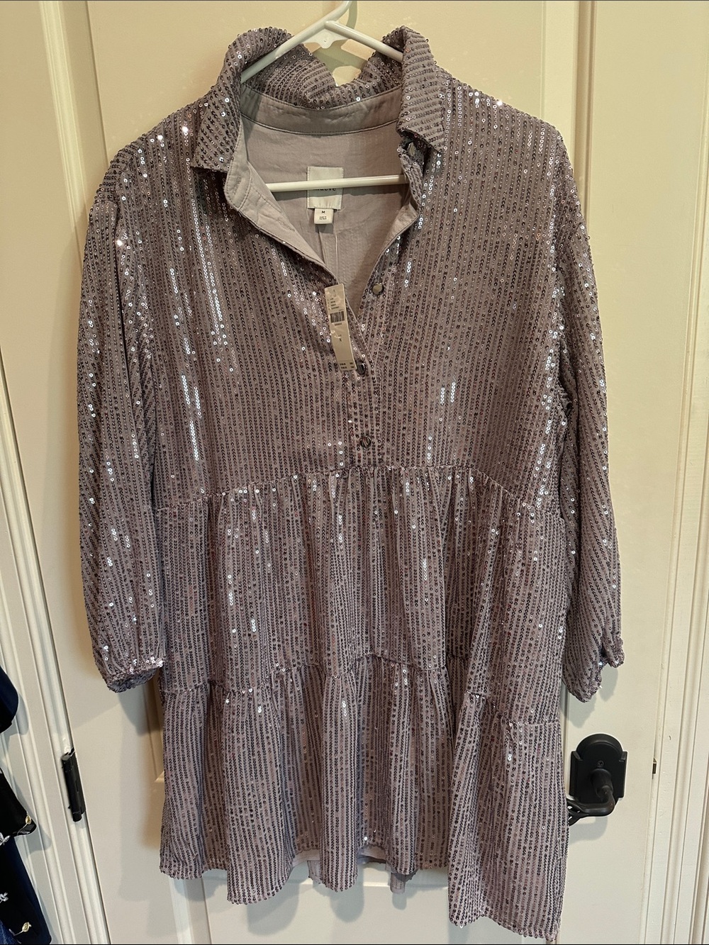 Maeve Lavender-Taupe Sequin Tiered Shirt Dress